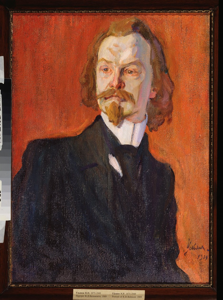 Runoilija Konstantin Balmontin (1867-1942) muotokuva (runoilija Konstantin Balmontin muotokuva) - Nikolai Pavlovich Uljanovin (Uljanov) (1875-1949) maalaus, öljy kankaalle tekijältä Nikolai Pavlovich Ulyanov