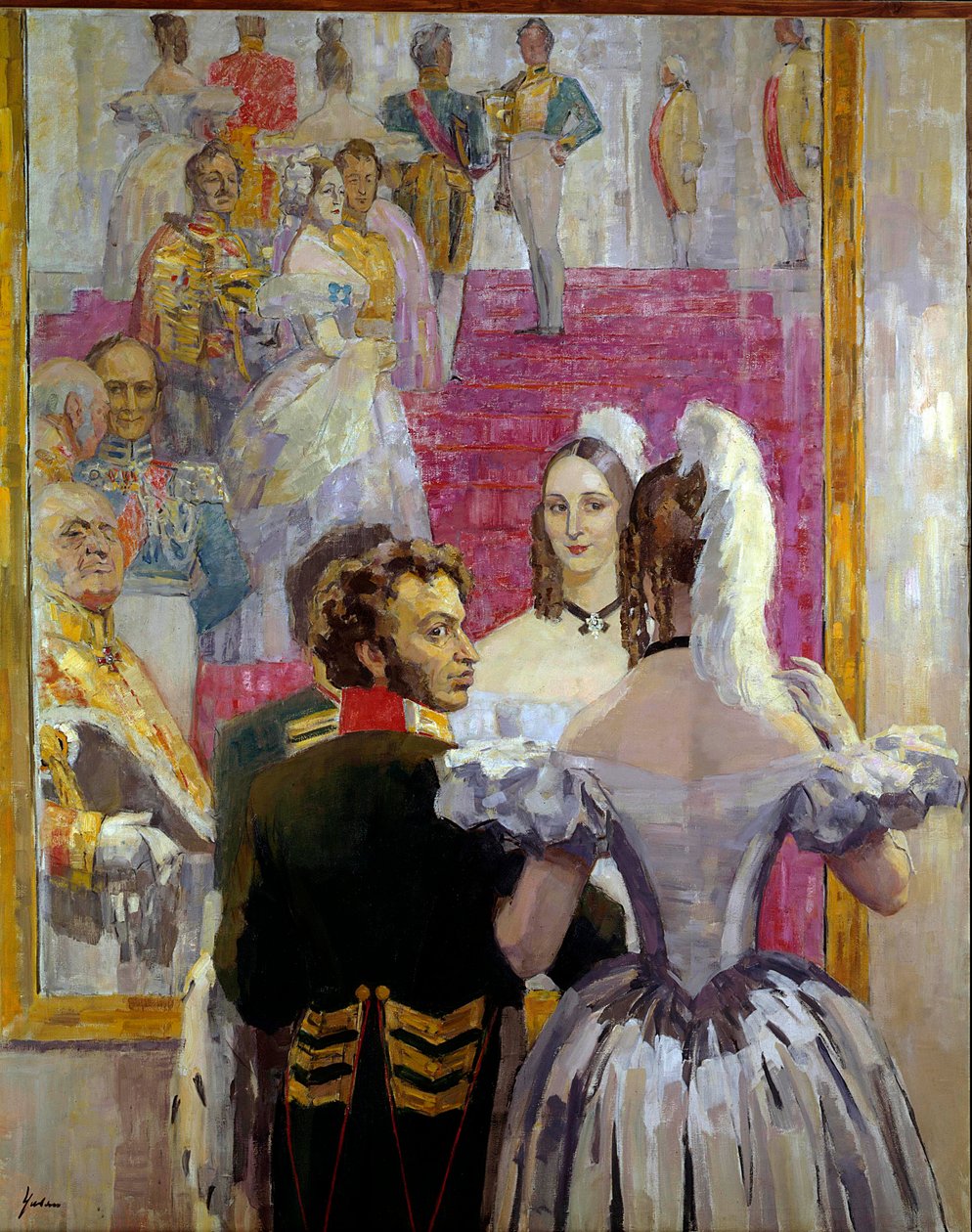 Venäläinen runoilija Aleksanteri Puškin (Pushkin) (1799-1837) ja hänen vaimonsa Natalia Gontcharova (Goncharova) Anichkofin palatsin ballissa. Nikolai Pavlovich Uljanovin (Uljanov) maalaus (1875-1949) tekijältä Nikolai Pavlovich Ulyanov