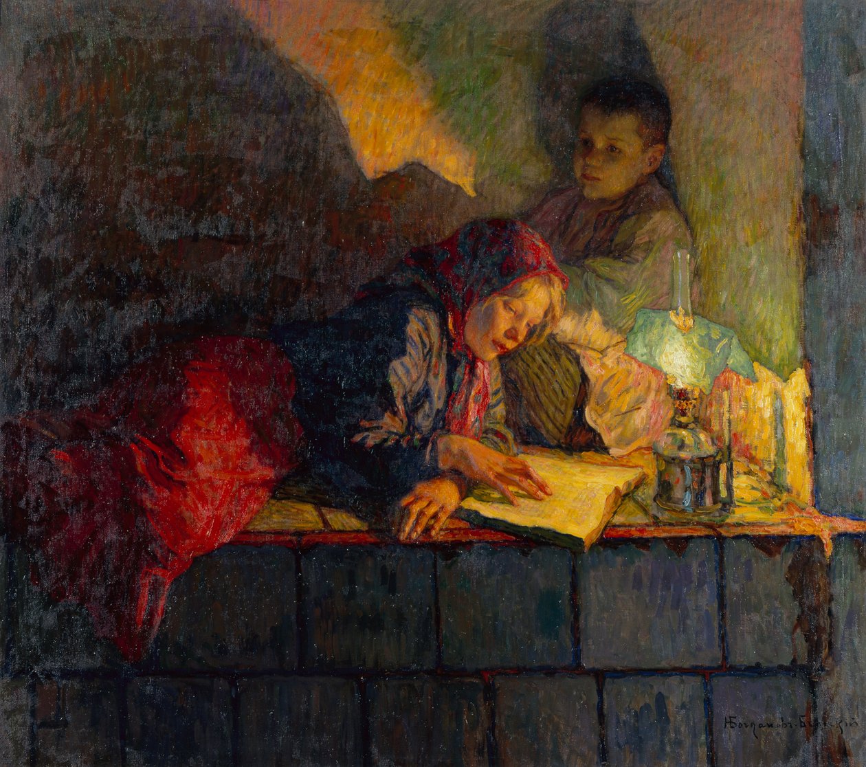Lapset lukevat kynttilänvalossa (öljy kankaalle) tekijältä Nikolai Petrovich Bogdanov Belsky