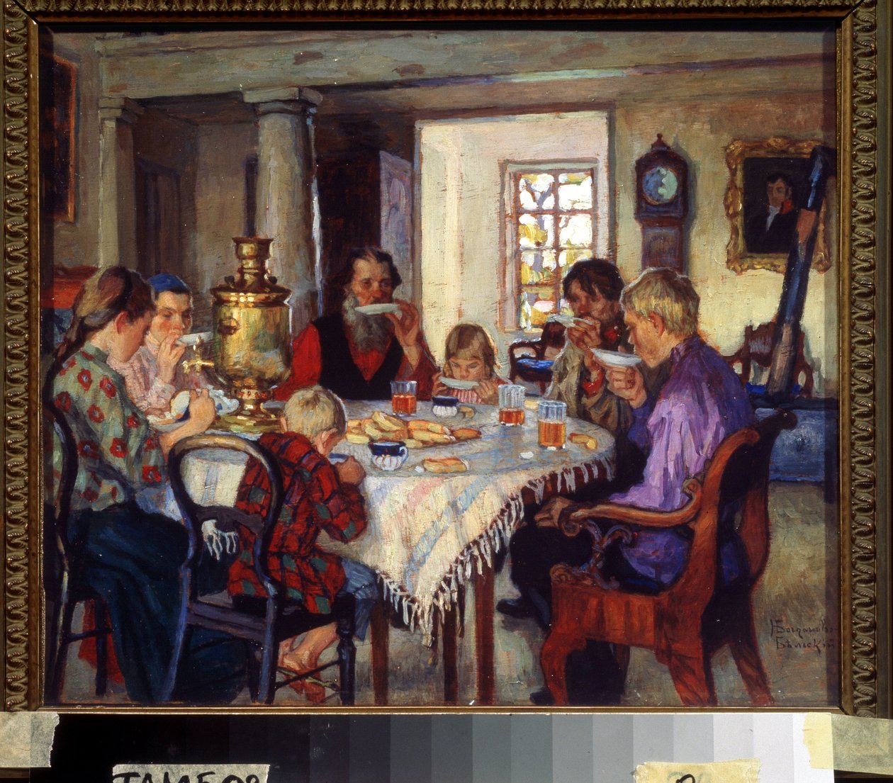 Uudet asunnonomistajat, suuri perhe pöydässä juomassa teetä uudessa talossaan, kerjää 1900-luku (öljy puulle) tekijältä Nikolai Petrovich Bogdanov Belsky