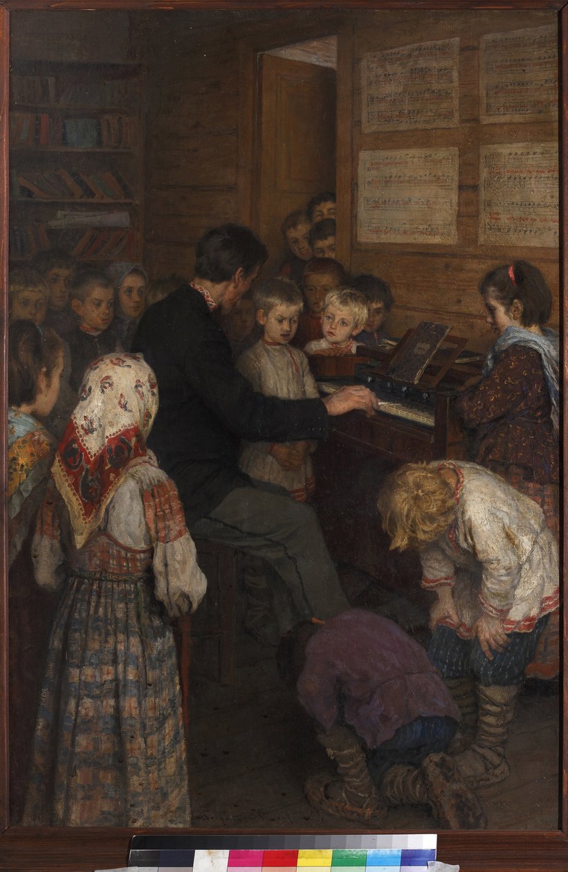 Laulutunti kyläkoulussa (opettaja soittaa harmoniumia) Bogdanov-Belsky, Nikolai Petrovich (1868-1945). öljy kankaalle tekijältä Nikolai Petrovich Bogdanov Belsky