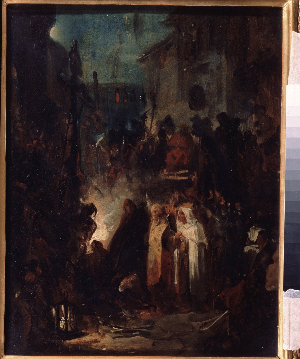 Autodafe (Autodafe). Katukuvaus, yöllä, inkvisitiotuomioistuimen tuomion jälkeen, joukko ja kirkolliset kokoontuvat tulen ympärille. Nikolai Petrovitš Lomtevin (1816-1859) työ, öljy pahville. venäläistä taidetta tekijältä Nikolai Petrovich Lomtev