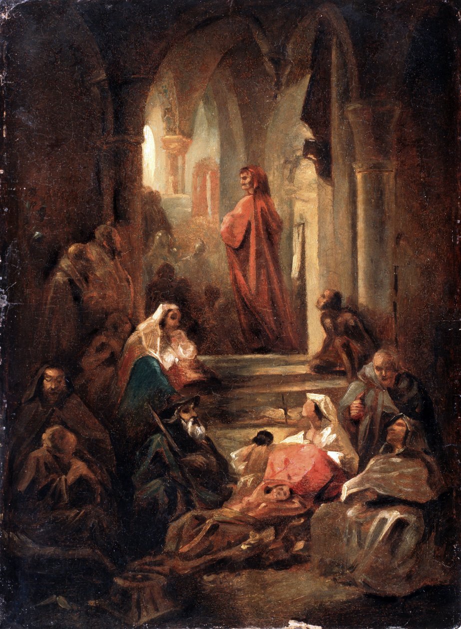 Kohtaus Dante Alighierin (1265-1321) elämästä (kohtaus Dante Alighierin elämästä). Nikolai Petrovitš Lomtevin (1816-1859) työ, öljy pahville tekijältä Nikolai Petrovich Lomtev