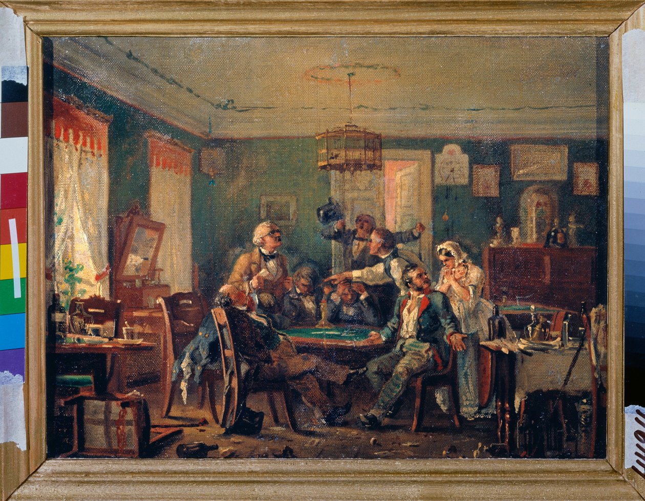 Korttipeli - Korttipeli - Nikolai Petrovitš Petrovin (1834-1876) maalaus, öljy kankaalle, noin 1850 - 1800-luvun venäläinen taide - Venäjän valtionmuseo, Pietari tekijältä Nikolai Petrovich Petrov