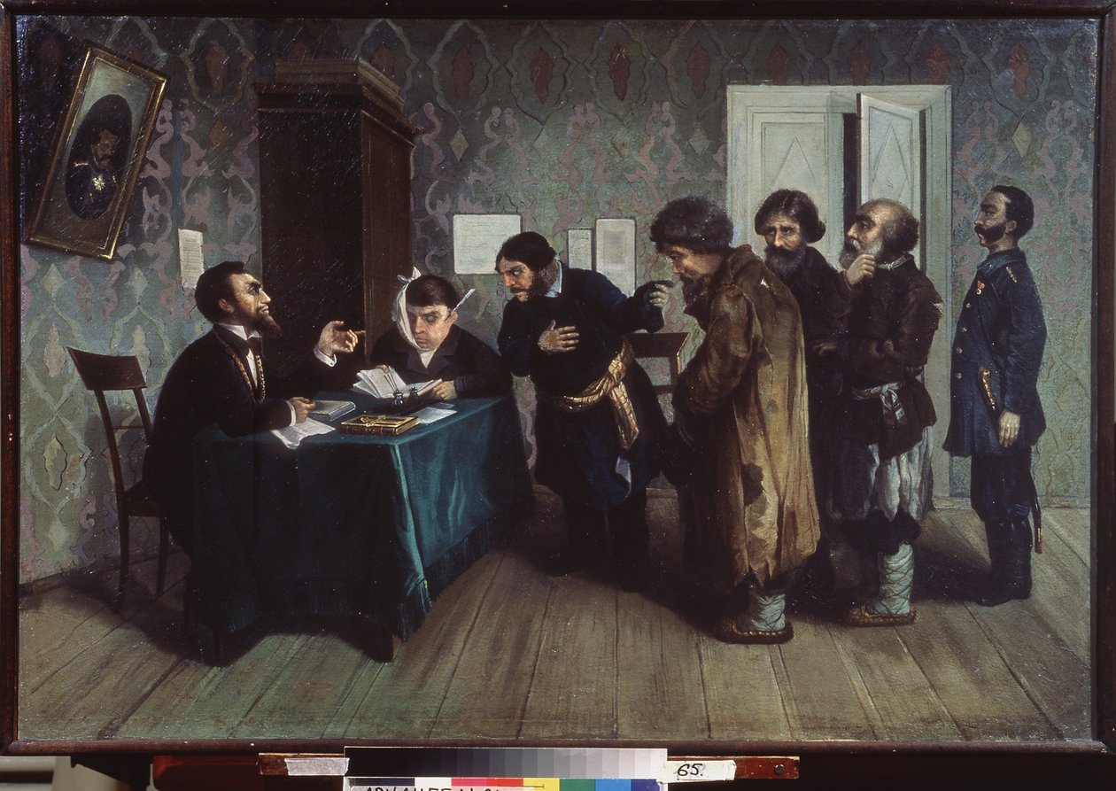 Välimiesoikeus maakunnissa. Oikeudenmukaisuuden päivittäinen kohtaus. Nikolai Petrovitš Zagorskyn (1849-1893) maalaus öljy kankaalle tekijältä Nikolai Petrovich Zagorsky
