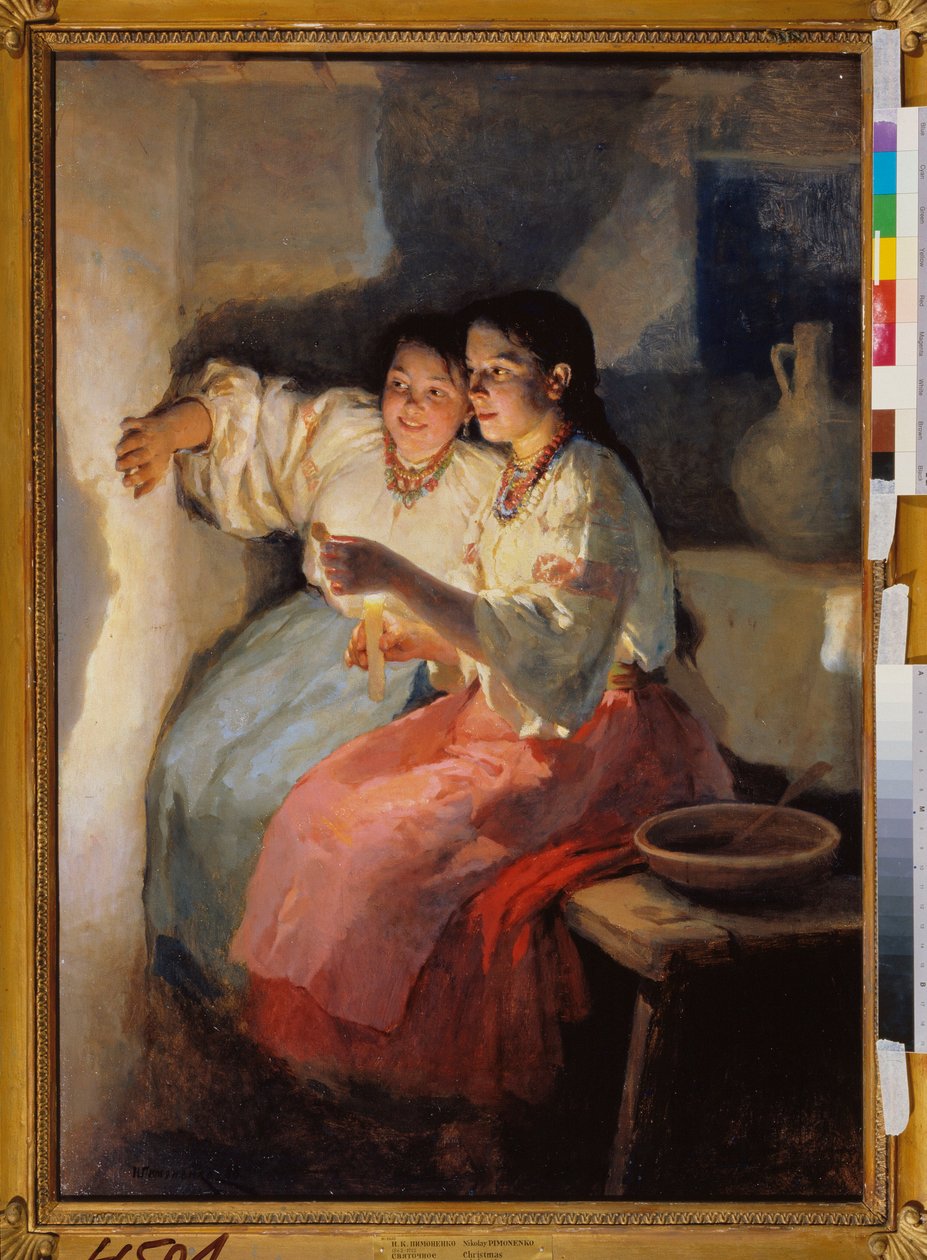 Ennustaminen jouluaattona (Kaksi nuorta tyttöä heittää varjoja kynttilänvalossa seinälle) - Jouluaaton ennustaminen - Nikolai Kornilovich Pimonenkon (1862-1912) maalaus, öljy kankaalle tekijältä Nikolai Pimonenko