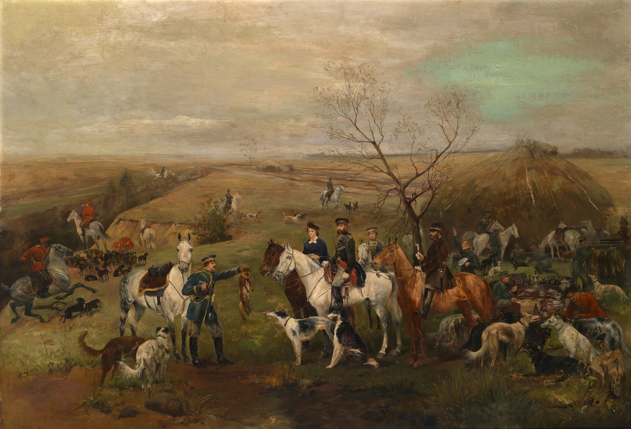 Metsästysseura keisari Aleksanteri III:n ja keisarinna Maria Fedorovnan kanssa, 1880-luku tekijältä Nikolai Semyonovich Samokish