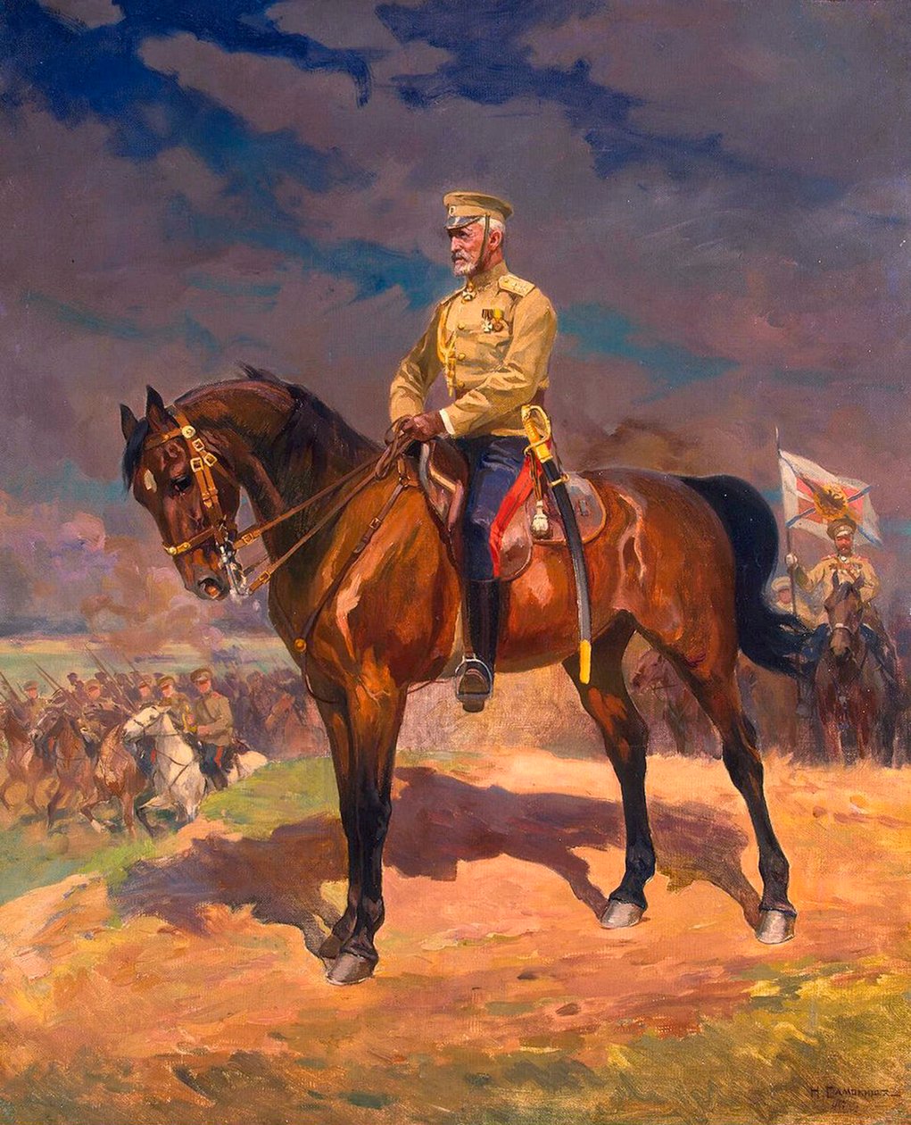 Muotokuva suurruhtinas Nikolai Nikolajevitšista 1856–1929 hevosen selässä, 1910-luku. tekijältä Nikolai Semyonovich Samokish