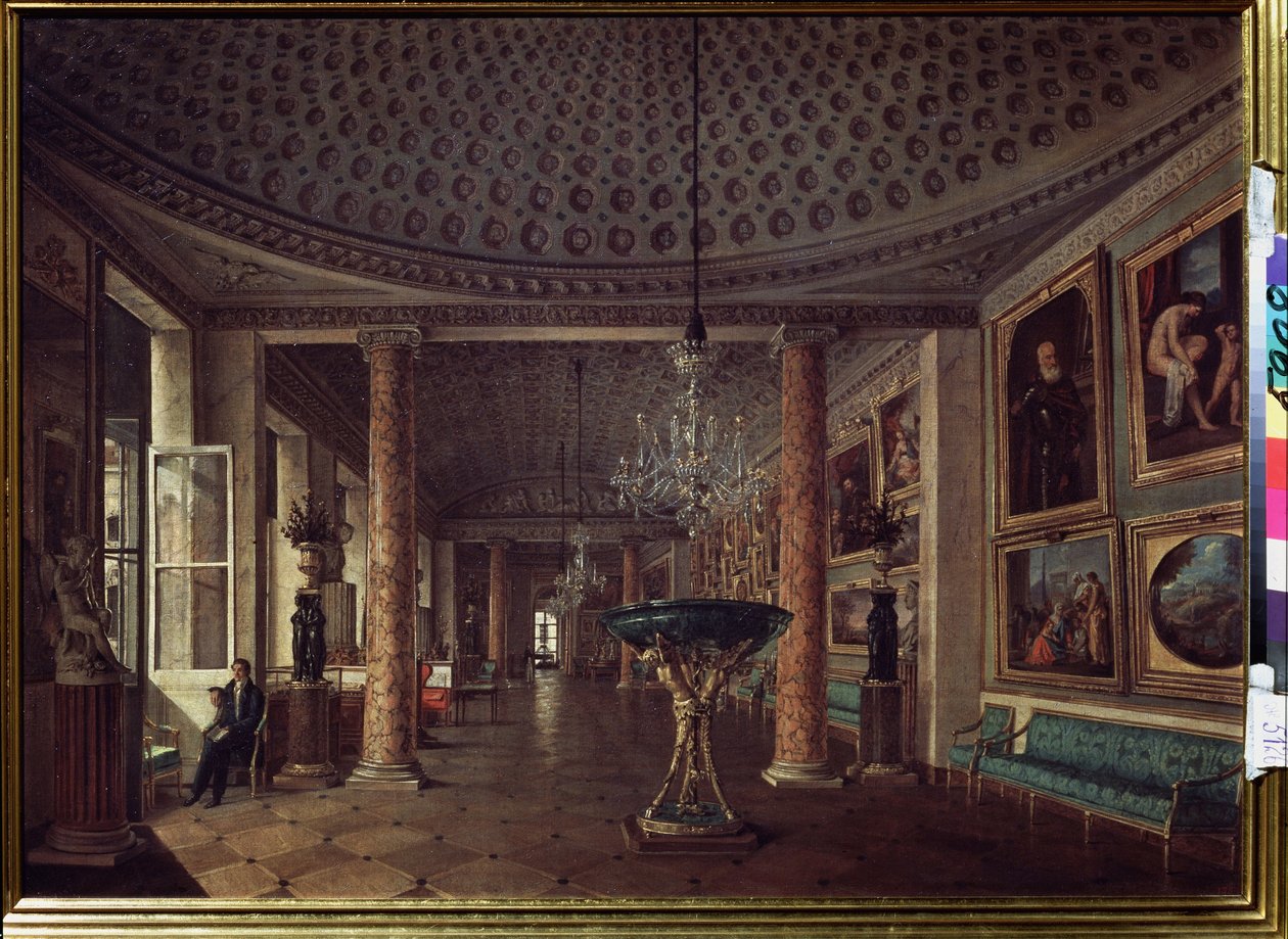 Stroganov-palatsin kuvagalleria Pietarissa (The Picture Gallery InThe Stroganov Palace in St. Petersburg). Nikolai Stepanovitš Nikitinin (1811-1881) maalaus öljy kankaalle tekijältä Nikolai Stepanovich Nikitin