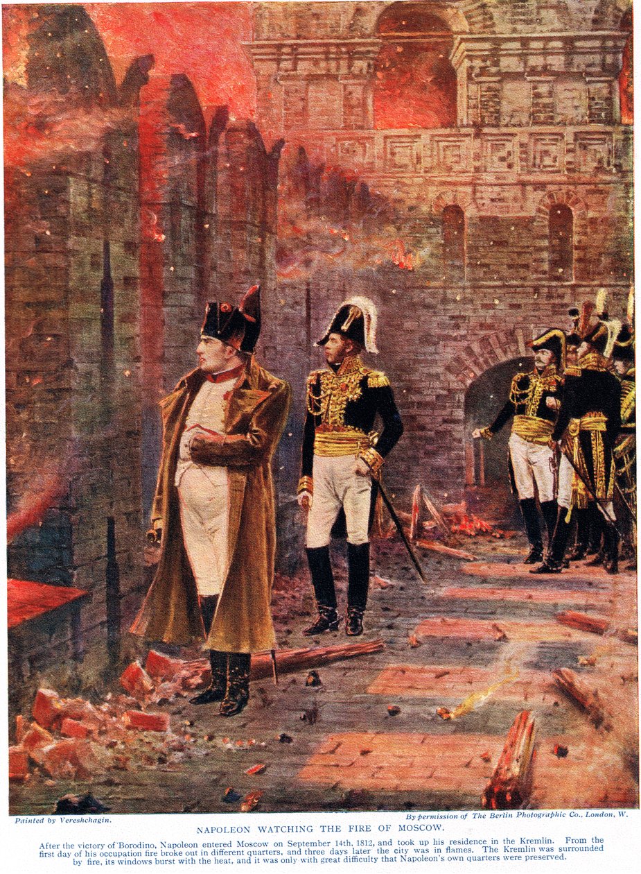 Napoleon katsomassa Moskovan tulipaloa, kuvitus "Hutchinsons History of the Nations" -teoksesta, n. 1910 tekijältä Nikolai Stepanovich Vereshchagin