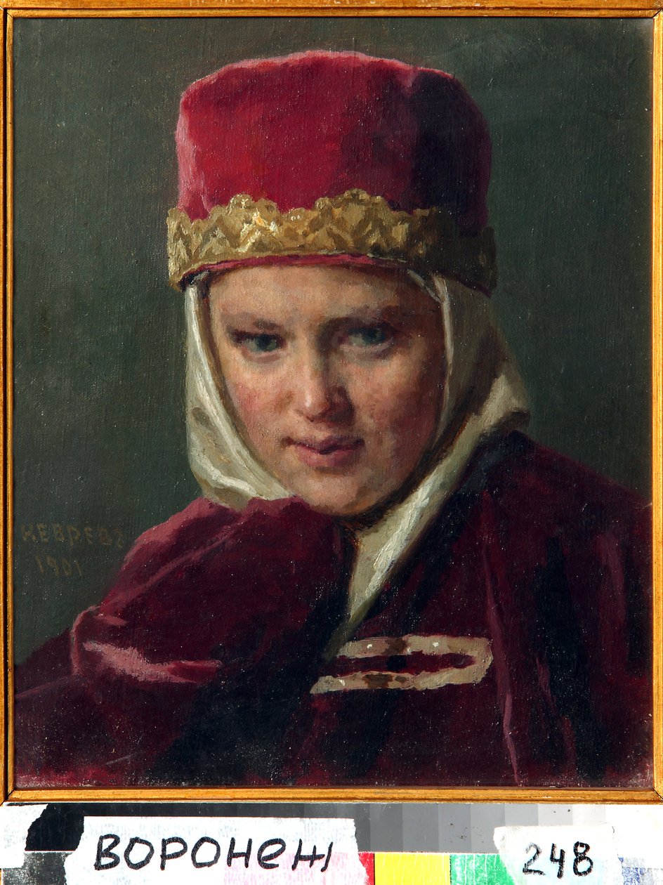 Boyar Woman (boiard, boiar) (Boyarin vaimo). Yllään vanhan Venäjän perinteisiä vaatteita Moskovan suurruhtinaskunnassa. Nikolai Vasilyevich Nevrevin (1830-1904) maalaus öljy kankaalle tekijältä Nikolai Vasilievich Nevrev