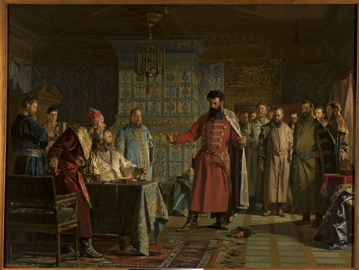 La querelle de Zakhary Petrovich Lyapunov (mort apres 1612) avec le tsaari Vassili IV Chouiski (1552-1612) au Kremlin - Zakhary Lyapunovin riita tsaari Vasili Shuiskin kanssa Kremlissä, kirjoittanut Nevrev, Nikolai Vasilyev 9 (18 Nikolai Vasilyev 0-9). Ölj tekijältä Nikolai Vasilievich Nevrev