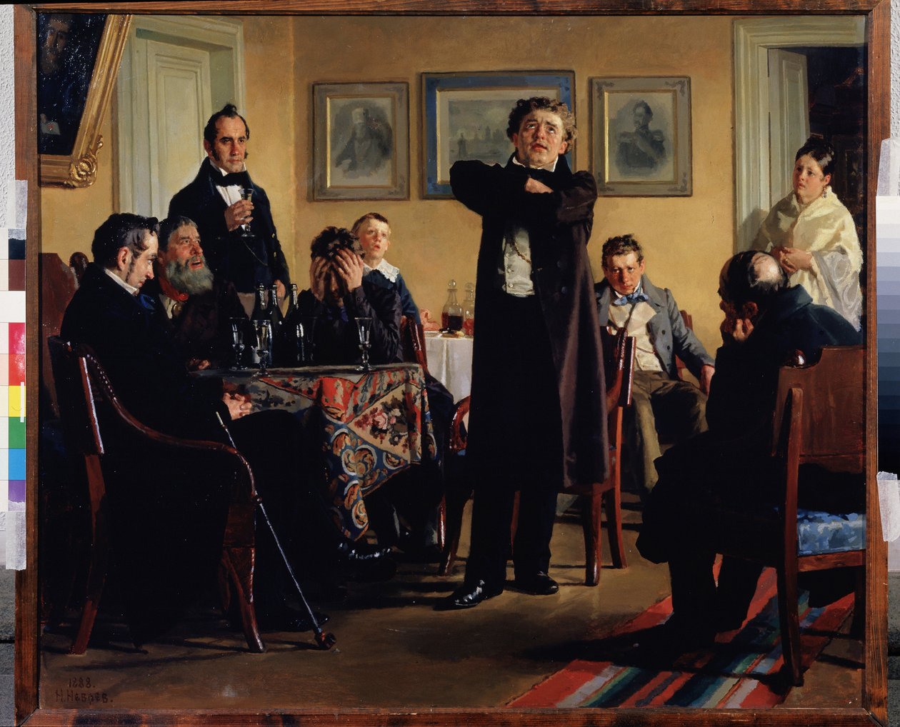 Näyttelijä Pavel Mochalov (1808-1848) ympäröi ihailijansa. (Näyttelijä P. Mochalov fanien joukossa). Romanttisen Venäjän suurimpana tragediana pidetty hän tulkitsee roolia yksityisessä salongissa, katsojat tarkkaavaisia ​​ja tunteiden vallassa. tekijältä Nikolai Vasilievich Nevrev