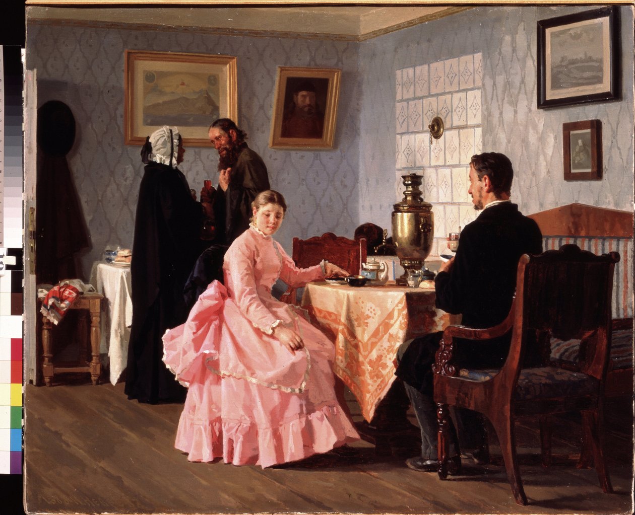 Matchmaking. Teekupin ympärille järjestetty kokous nuoren parin häiden järjestämiseksi. Nikolai Vasilyevich Nevrevin (1830-1904) maalaus öljy kankaalle tekijältä Nikolai Vasilievich Nevrev