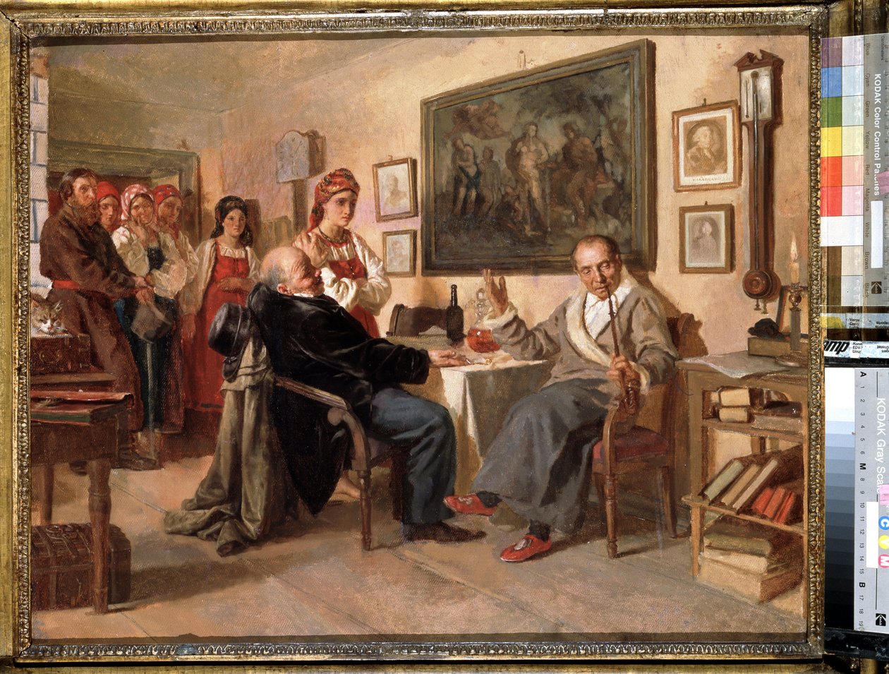 Maaorjamarkkinat. (The Market. The orjiden myynti) Orjuus Venäjällä: Ostaja ja kauppias neuvottelevat naisen ostohinnan maaorjien myynnistä. Nikolai Vasilyevich Nevrevin (1830-1904) maalaus tekijältä Nikolai Vasilievich Nevrev