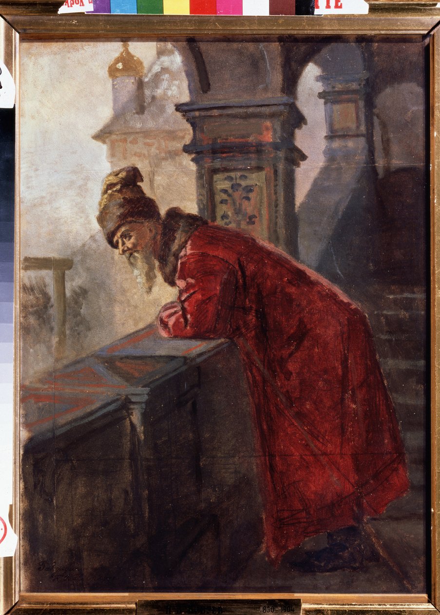 Bojaari (boiard, boiar) perinteisessä asussa Venäjällä 1500-luvun lopulla - 1600-luvun alun Venäjällä (Boyar on the Porch) - Nikolai Vasilyevich Nevrevin (1830-1904) maalaus - Öljy kankaalle - Valtion alueellinen I Pozhalostinin taidemuseo, Ryazan tekijältä Nikolai Vasilievich Nevrev