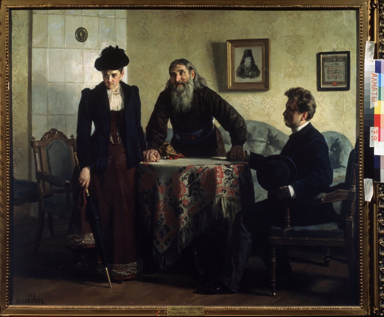 Muistutus (Varoitus). Avioliittokriisissä oleva pariskunta vierailee ortodoksisen papin luona ja saa oppitunnin moraalisesta käytöksestä. Nikolai Vasilyevich Nevrevin (1830-1904) maalaus öljy kankaalle tekijältä Nikolai Vasilievich Nevrev