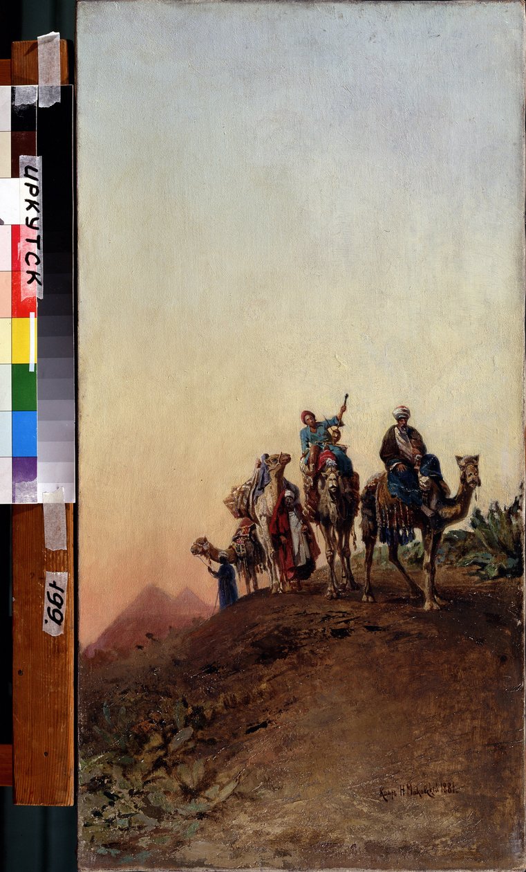 Kamelit lähellä Gizan pyramideja (Gizeh, Gizeh, Giza) (Kairo, Egypti). (Kamelit lähellä pyramideja). Nikolai Jegorovich Makovskin (1842-1886) maalaus öljy kankaalle tekijältä Nikolai Yegorovich Makovsky