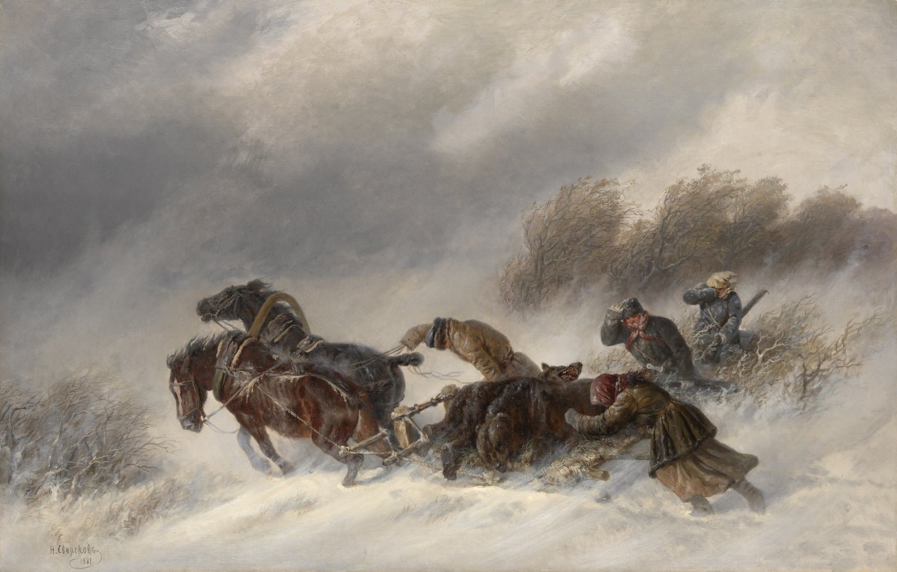 Paluu karhunmetsästystä, 1881 tekijältä Nikolai Yegorovich Sverchkov