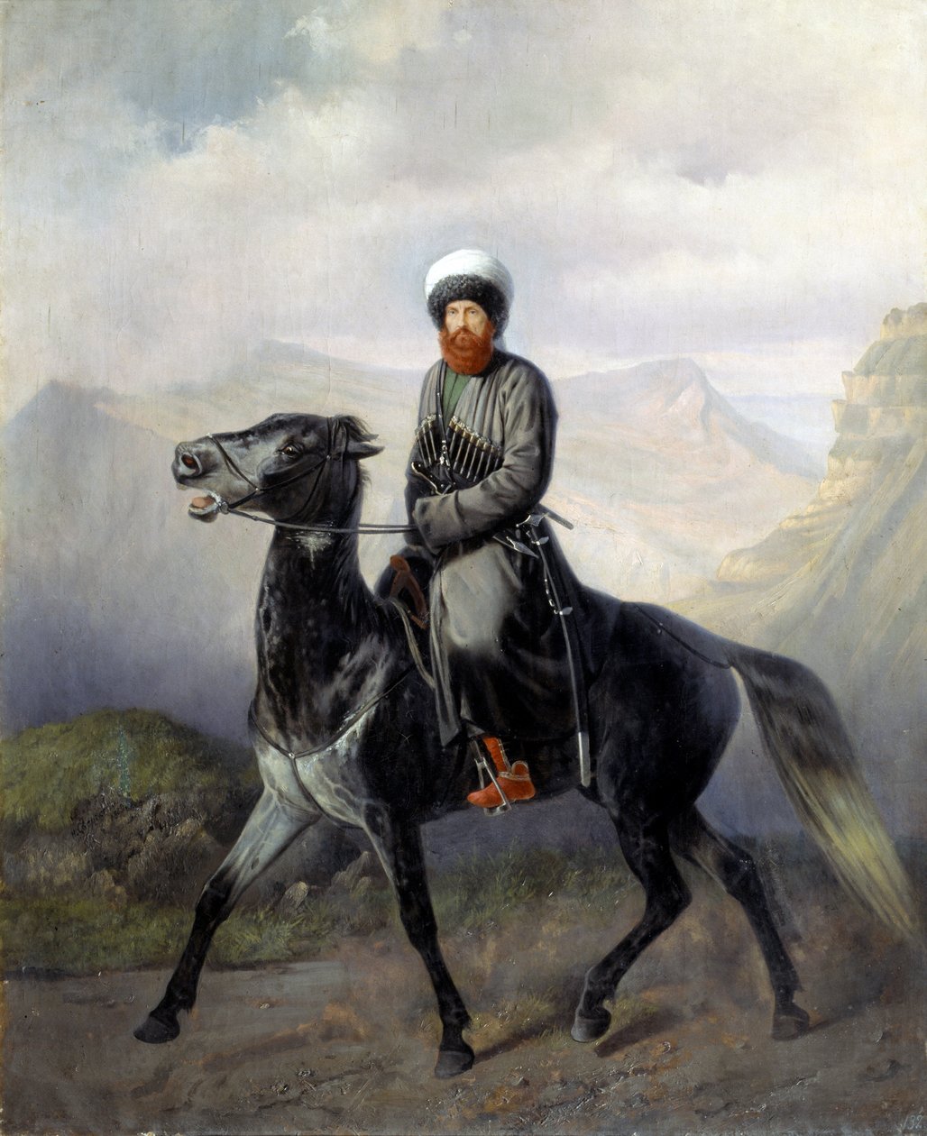 Portrait equestre de Chamil (Imam Chamil, Shamil) (1797-1871), chef des tribus musulmanes du Caucase nord (Pohjois-Kaukasuksen muslimiheimojen poliittisen ja uskonnollisen johtajan muotokuva Imam Shamil) - Peinture de Nikolai Jegorovich Sverchov tekijältä Nikolai Yegorovich Sverchov