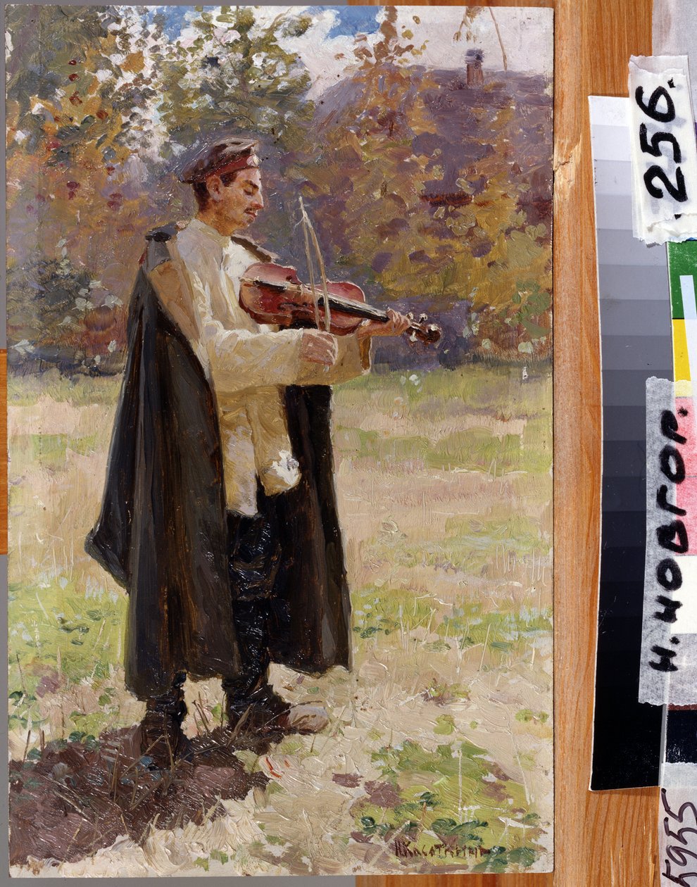 House laulu. Sotilas soittaa viulua. (Kotilaulu. Soldier Playing Violin). Nikolai Aleksejevitš Kasatkin (Kasatkin) (1859-1930) maalaus öljy kankaalle tekijältä Nikolaj Alekseevich Kasatkin