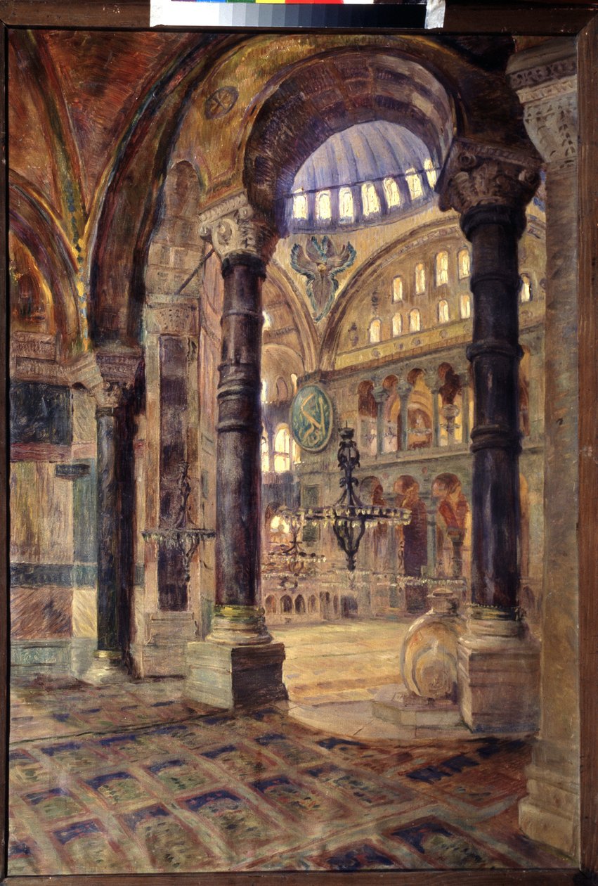 Hagia Sophia (Hagia Sophia) Konstantinopolissa (Istanbul, Turkki) (Hagia Sophia Konstantinopolissa). Moskeijan sisäkuva, bysanttilainen arkkitehtuuri. Nikolai Aleksejevitš Kasatkin (Kasatkine) (1859-1930) maalaus, öljy kankaalle, 1800-luvun loppu. Taide tekijältä Nikolaj Alekseevich Kasatkin