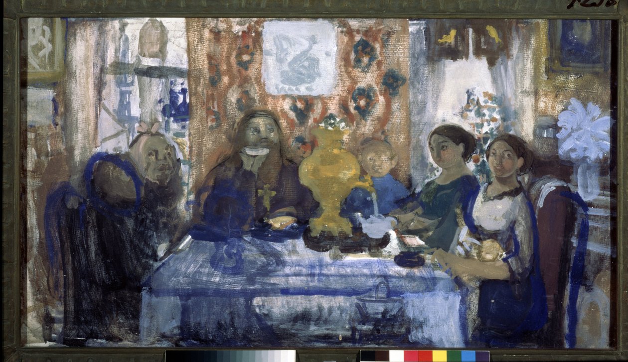 Juo teetä. Perhe kokoontui pöydän ympärille, jonka keskellä oli samovaari. Nikolai Nikolajevitš Sapunov (Sapunov) (1880-1912) työ, tempera pahville tekijältä Nikolaj Nikolaevic Sapunov