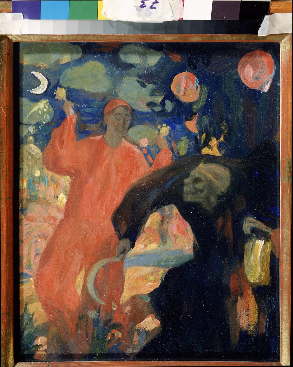 Nikolai Sapunovin (Sapunov) (1880-1912) muistoksi (N. Sapunovin muistoksi). Kuolema personoi kaartaa ja pakenee hymyilevän elämänhahmon eteen, heiluttaen marakassia. Nicolas (Nikolai) Dimitrievich Milliotin (1874-1962) teos, öljy kortille tekijältä Nikolaj Nikolaevic Sapunov