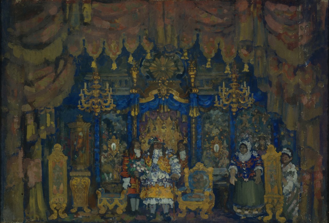 Jourdainsin huone. Lavastus teatterinäytelmään A Bourgeois as a Nobleman, jonka on kirjoittanut J.-B. Moliere, 1911 tekijältä Nikolaj Nikolaevic Sapunov