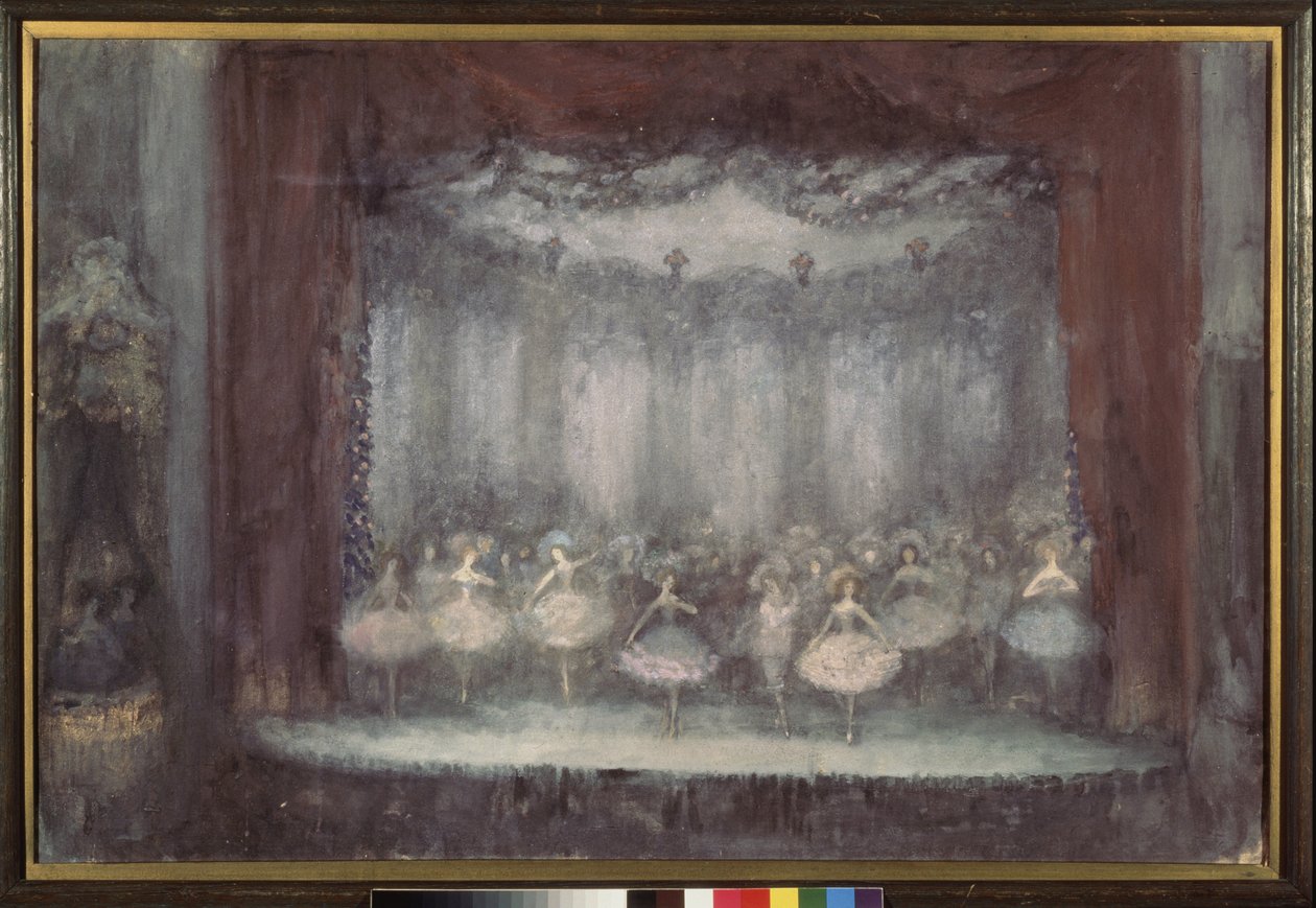 Baletti. (Teatterikohtaus baleriinien tutuissa). Nikolai Nikolajevitš Sapunov (Sapunov) (1880-1912) työ, tempera, liitu, hopea ja pronssi pahville tekijältä Nikolaj Nikolaevic Sapunov