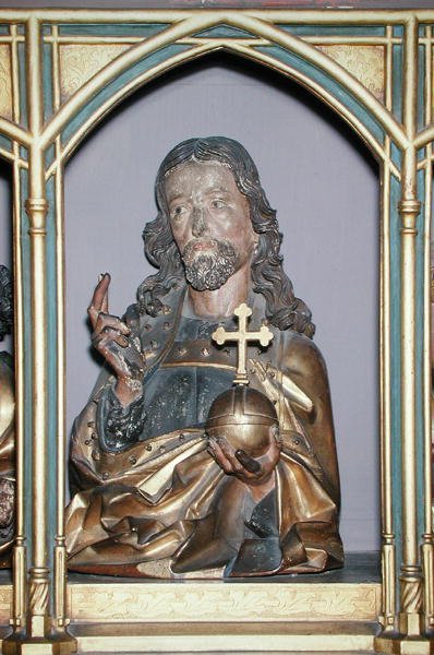 Puinen kaiverrus Jeesuksesta Kristuksesta, yksityiskohta Isenheimin alttaritaulun predellasta, n. 1490 (maalattu puu) tekijältä Nikolaus Hagenauer