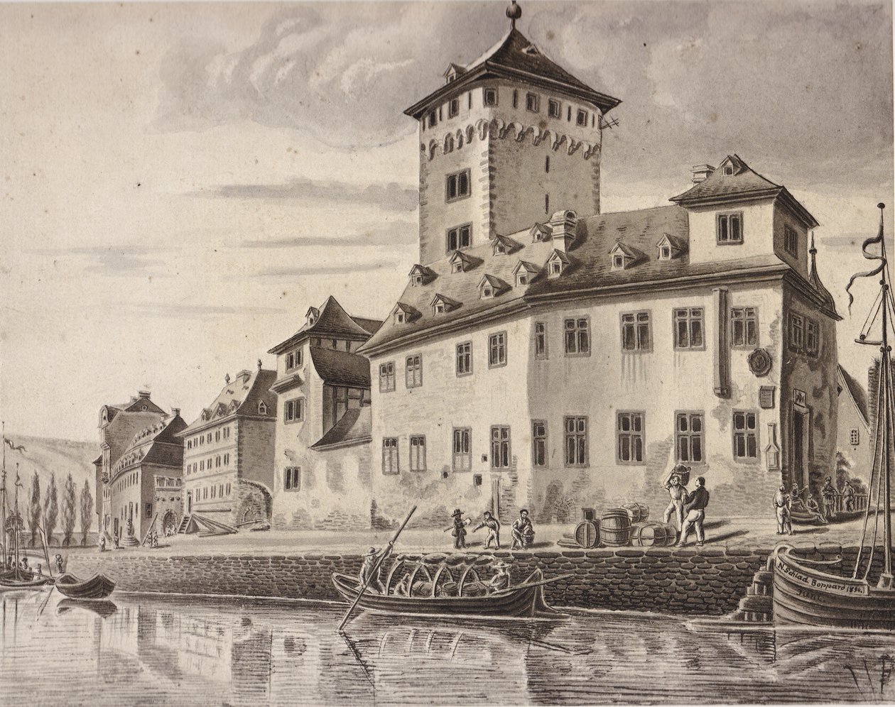 Burg - Rheinfront der Kurfürstlichen Burg von Boppard um 1854 tekijältä Nikolaus Schlad
