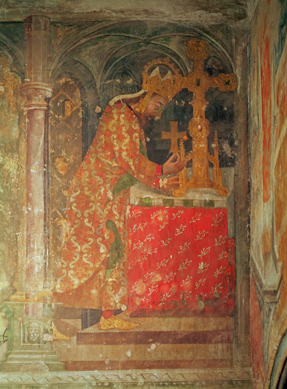 Pyhän Rooman keisari Kaarle IV asettaa orjantappuran pyhäinjäännöksen Kristuksen kruunusta pyhäinjäännökseen, Neitsyt Marian kappelista, 1357-60 (katso myös 204541 ja 204544) tekijältä Nikolaus Wurmser