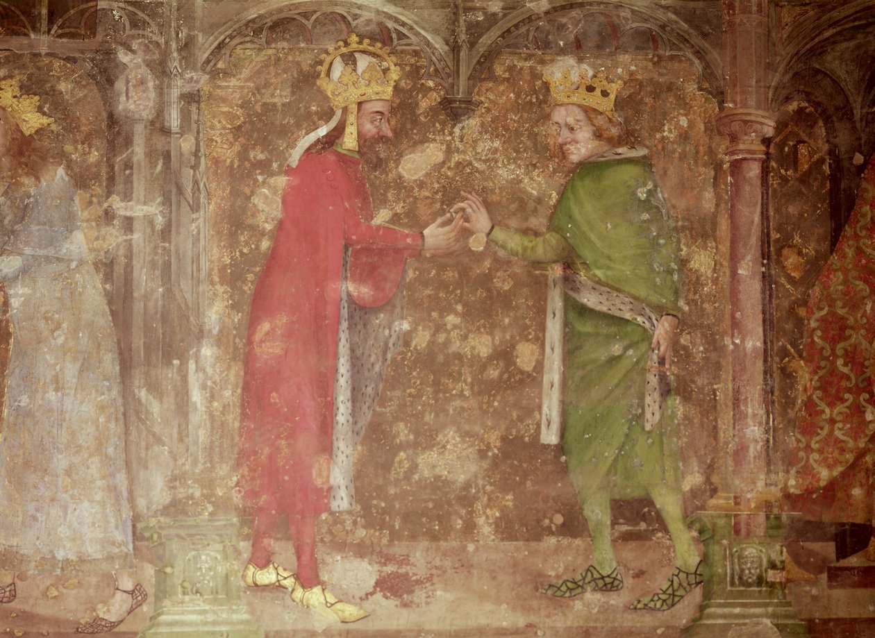 Pyhän Rooman keisari Kaarle IV saa piikin Kristuksen kruunusta Ranskan kuninkaalta Jean II:lta, Marian kappelista, 1357-60 (ks. myös 204544 ja 397961). tekijältä Nikolaus Wurmser