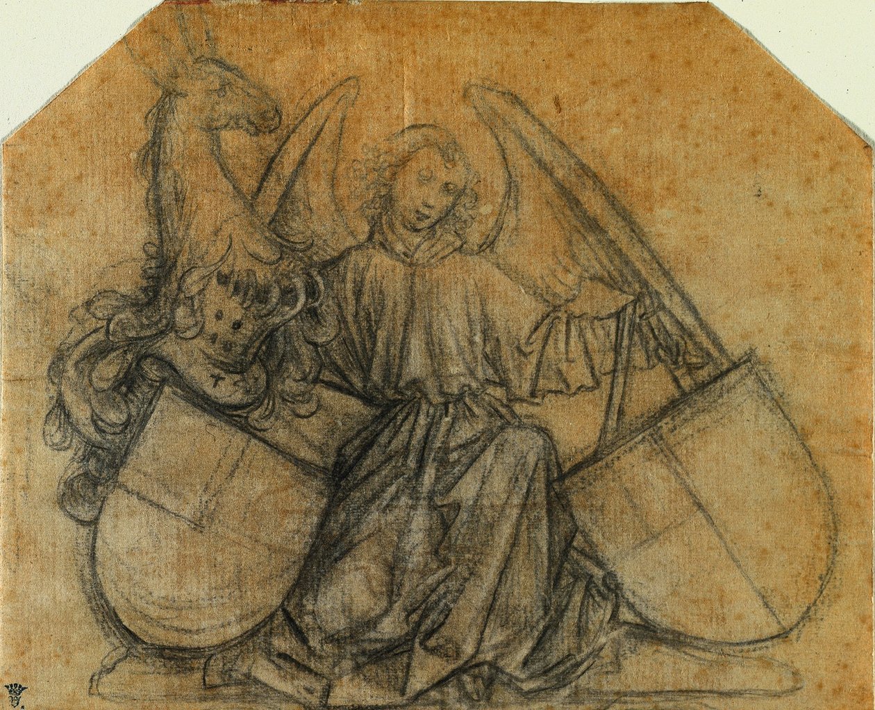 Enkeli, joka tukee kahta peitettä, n. 1470. tekijältä Nikolaus Gerhaert von Leyden