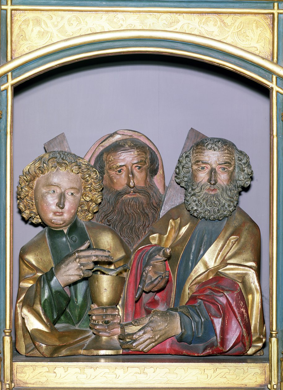 SS:n puiset kaiverrukset. John, Andrew ja Peter, Isenheimin alttaritaulun predellasta, n. 1490 (maalattu puu) tekijältä Nikolaus Hagenauer