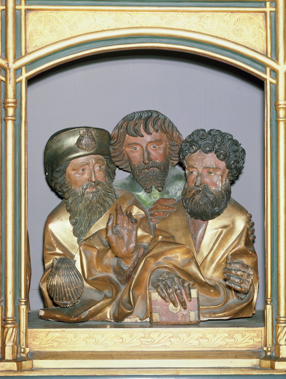 Puukaiverrukset Pyhästä Jaakob Suuresta, Pyhästä Simonista ja Pyhästä Tadeuksesta, Isenheimin alttaritaulun predellasta, n. 1490 (maalattu puu) tekijältä Nikolaus Hagenauer