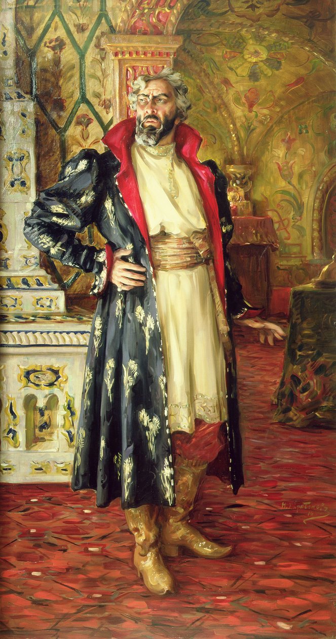 Muotokuva Feodor Chaliapinista (1873-1938) Boris Godunovina (1551-1605) 1916 tekijältä Nikolay Vassilyevich Kharitonov