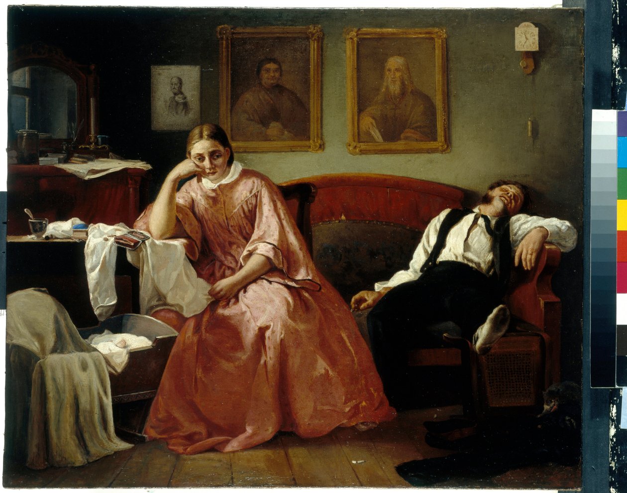Ensimmäinen kuukausi (kohtaus perhe-elämästä, väsynyt nuori pariskunta makaa mehiläisen kehdon lähellä) (Kuukauden ensimmäisenä) - Nikolai Andrejevitš Košelev (1840-1918), öljy kankaalle (61,4x73,6 cm) ) - Valtion Tretjakovin galleria, Mosko tekijältä Nikolay Andreyevich Koshelev
