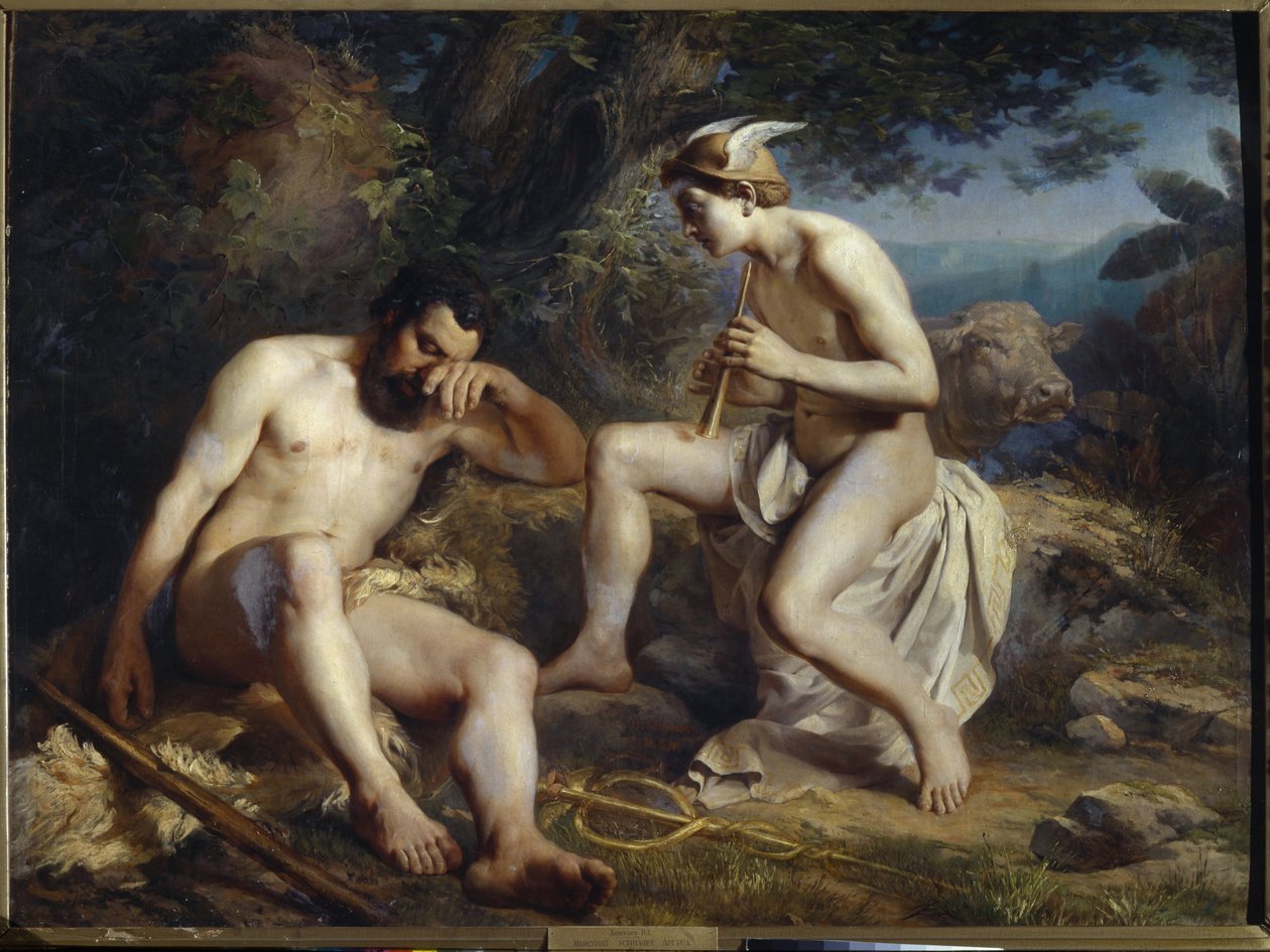 Merkurius ja Argus - Mercury tuudittaa Argus uneen - Koshelev, Nikolai Andrejevitš (1840-1918) - 1864 - Öljy kankaalle - 138x179 - Museum of Fine Arts Academy, Pietari. Pietari tekijältä Nikolay Andreyevich Koshelev