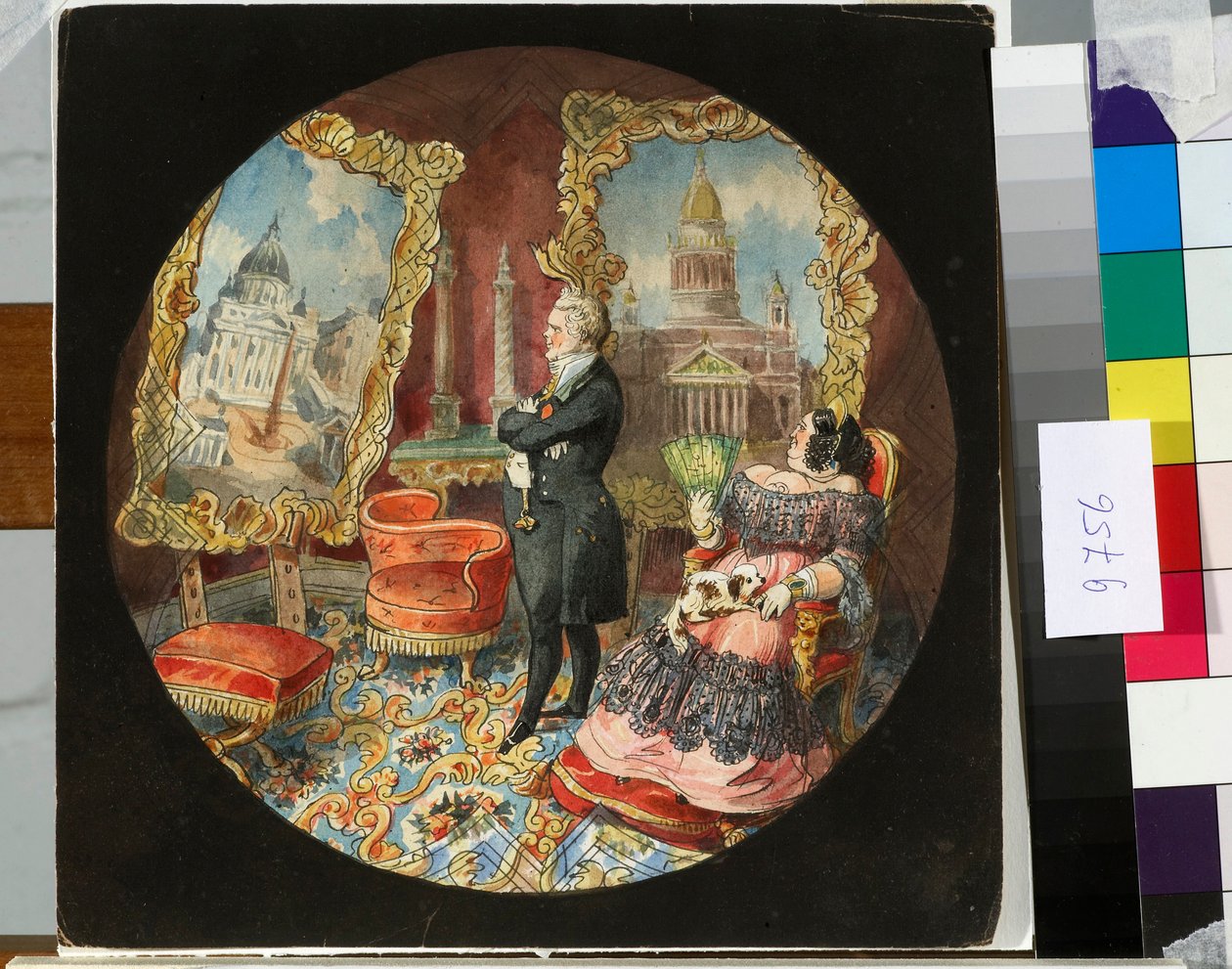 Arkkitehti Auguste Ricard de Montferrand (1786-1858) ja hänen vaimonsa olohuoneessa, ylpeänä pohtimassa maalauksia, jotka edustavat hänen töitään - Nicolas Benois