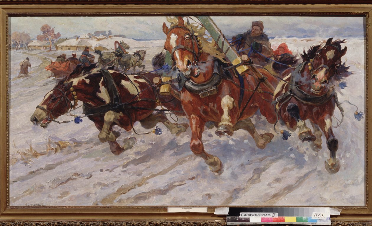 Troika (kolmen hevosen reki). Nikolai Semjonovitš Samokish (1860-1944), öljy kankaalle tekijältä Nikolay Semenovich Samokish