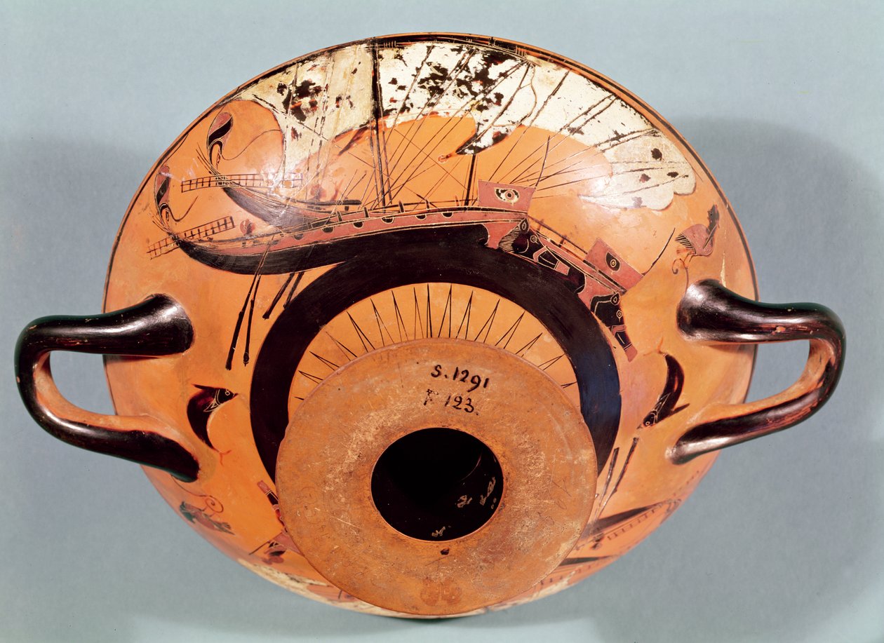 Ullakon mustahahmokuppi, joka kuvaa kreikkalaisia purjelaivoja, n. 520 eKr. (keramiikka) tekijältä Nikosthenes