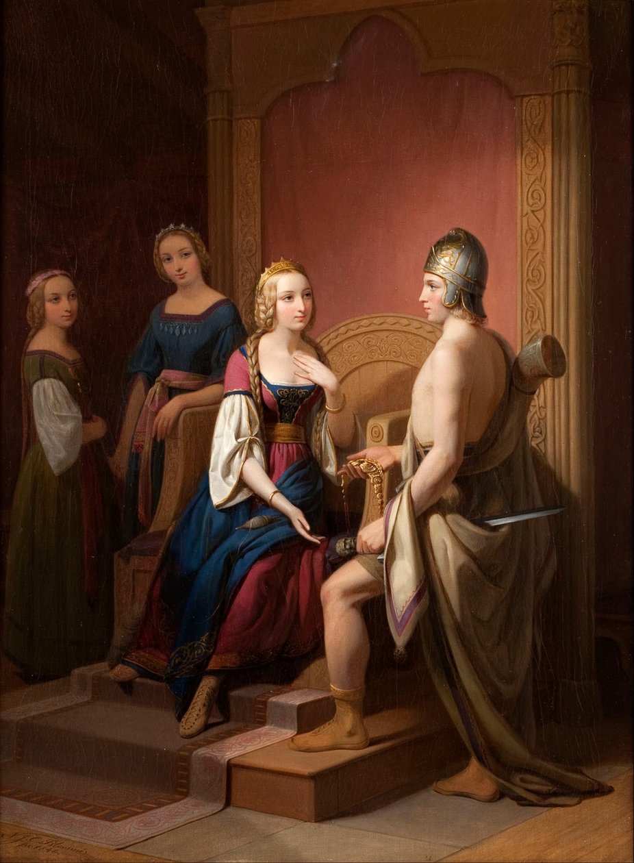Heimdall palauttaa Brisingamenit Freyalle, 1846 tekijältä Nils Jakob Blommér