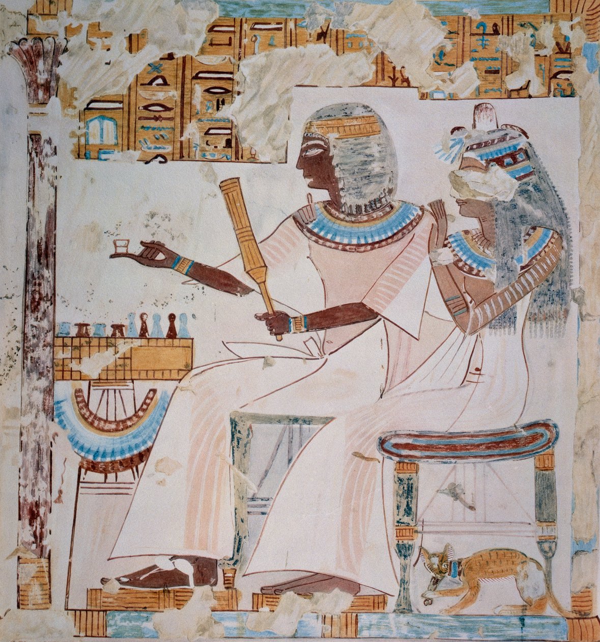 Neferrompet ja hänen vaimonsa pelaamassa shakkia, kopio freskosta Neferrompetin haudasta, Thebasta, joka on peräisin Ramesses II:n hallituskaudelta, Nina Daviesin laatima levy teoksesta Ancient Egyptian Paintings. tekijältä Nina de Garis Davies