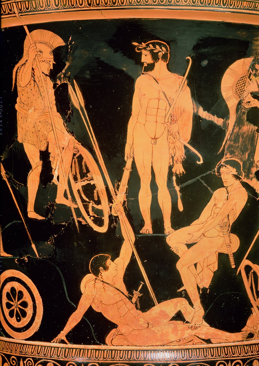Herakles ja kreikkalaiset sankarit, yksityiskohta Attikan punahahmoisesta verhiökraterista, noin 490 eKr. (keramiikka) (katso myös 92577 ja 19106) tekijältä Niobid Painter