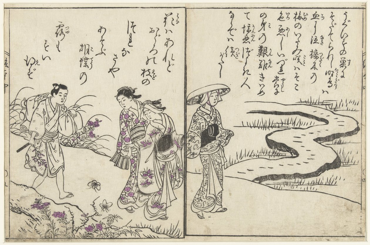 Vaeltajia maisemassa kukkien kanssa tekijältä Nishikawa Sukenobu (attributed to)