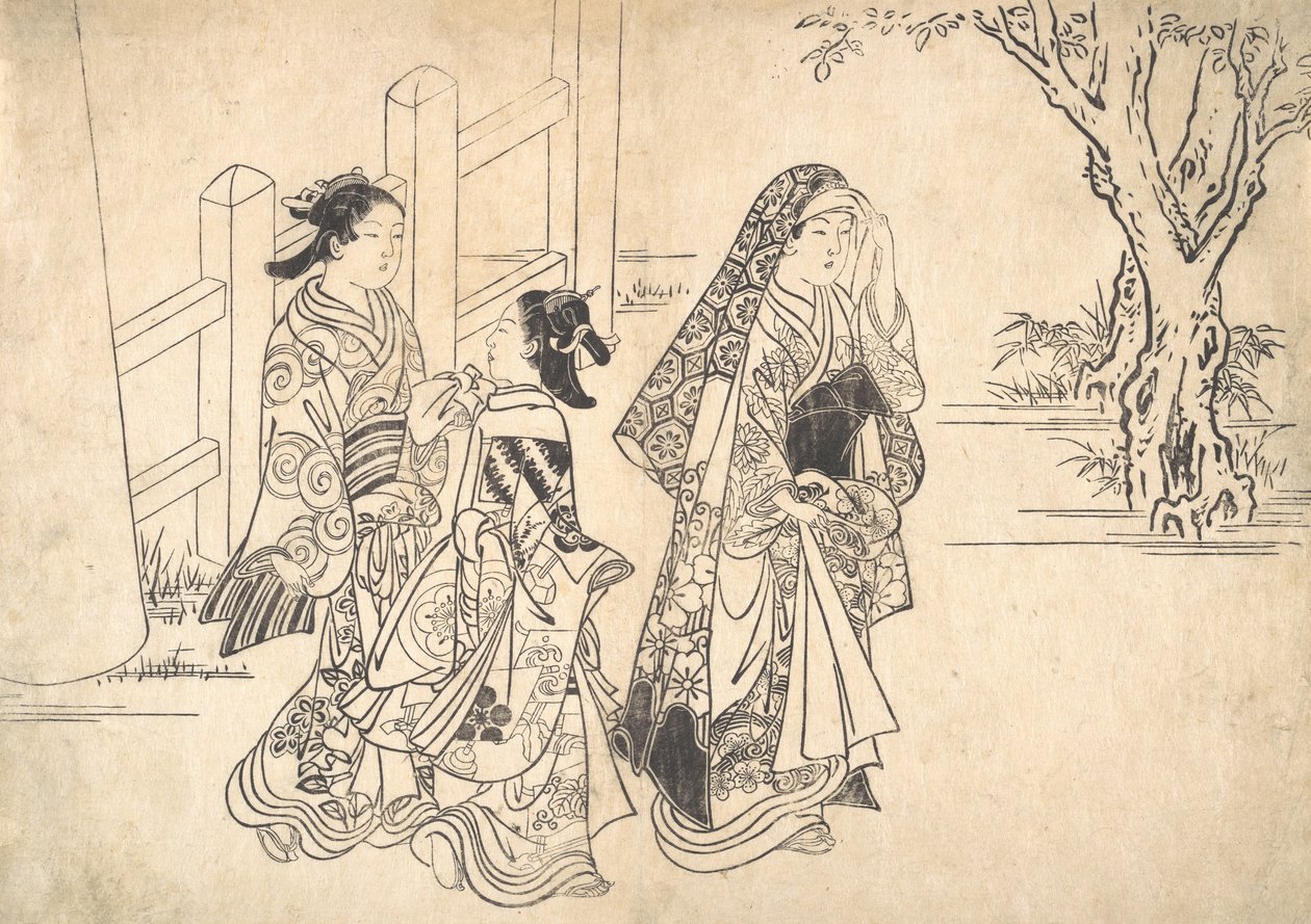 Kurtesaani, jota seuraa kaksi tyttöä, n. 1690-1751. tekijältä Nishikawa Sukenobu