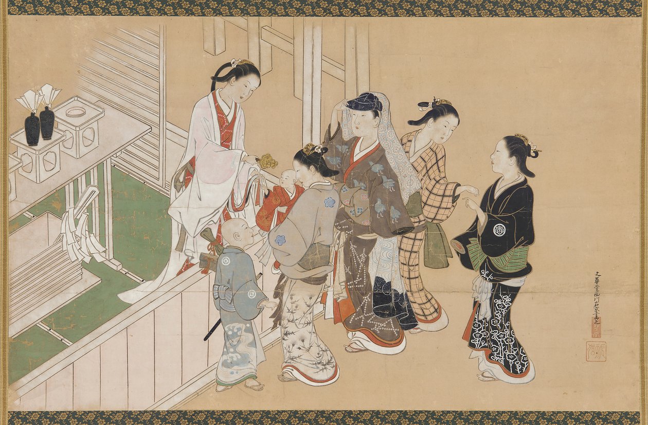 Vauvan ensimmäinen vierailu shinto-pyhäkössä, Edo-aika, 1600-luvun loppu - 1700-luvun alku. tekijältä Nishikawa Sukenobu