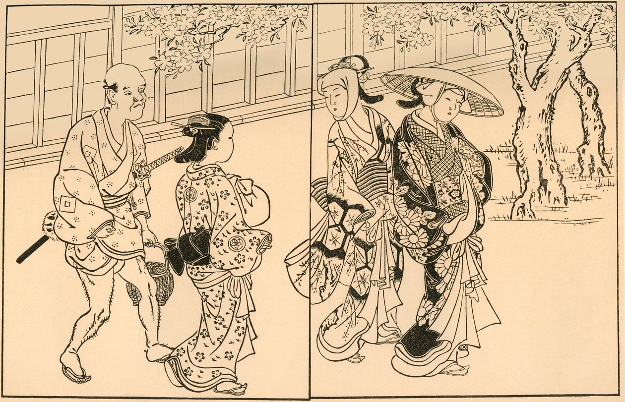 Kolme naista ja miespalvelija, 1730, 1924. tekijältä Nishikawa Sukenobu